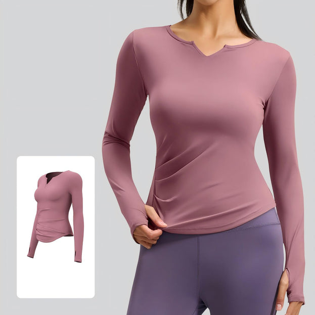 V-Neck Long-Sleeved Pleated Fitted and Slimming Sports Top