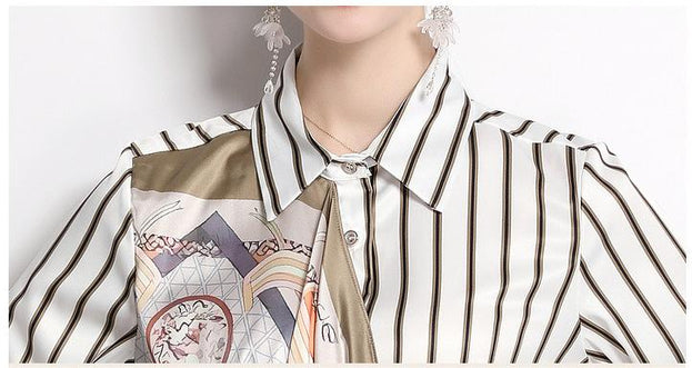Striped Shirt Skirt Lapel Long Sleeve Tucked Waist A-Line Irregular Dress