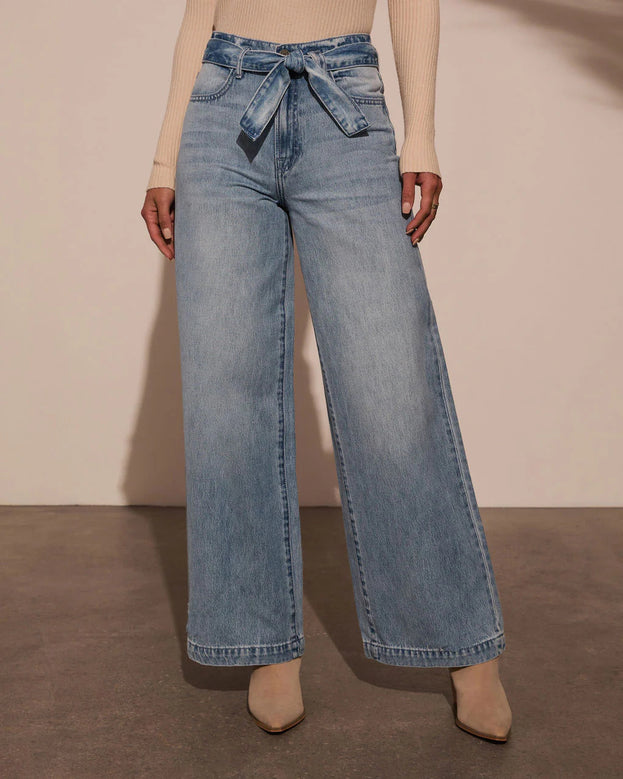 Summer Fashion High-Waisted and Wide-Leg Drawstring-Tie Washed Denim Pant for Women