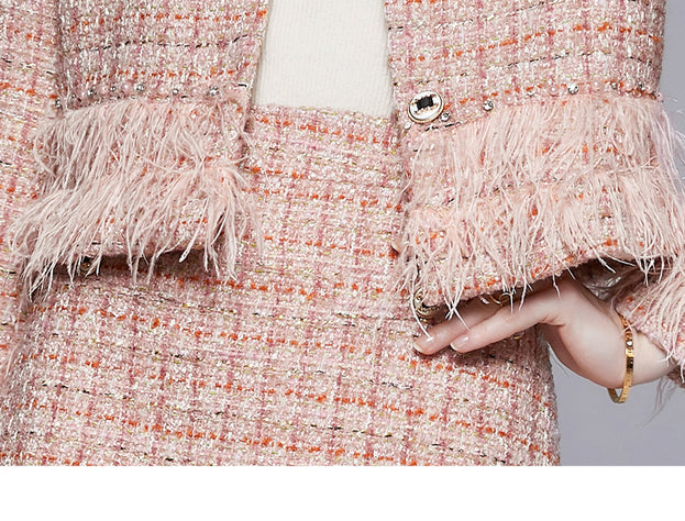 Handmade Beaded Ostrich Fur Coat Autumn and Winter Tweed Small Fragrance Suit