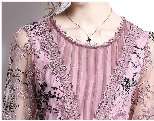 Lace Mesh Embroidery Fashion Seven-Point Sleeve Mid-Skirt Crewneck Dress