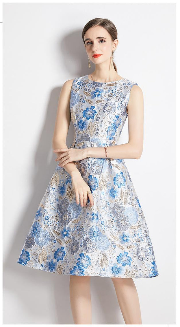 Slim-Fit, Waist-Closed Color Sleeveless Vest Jacquard Dress