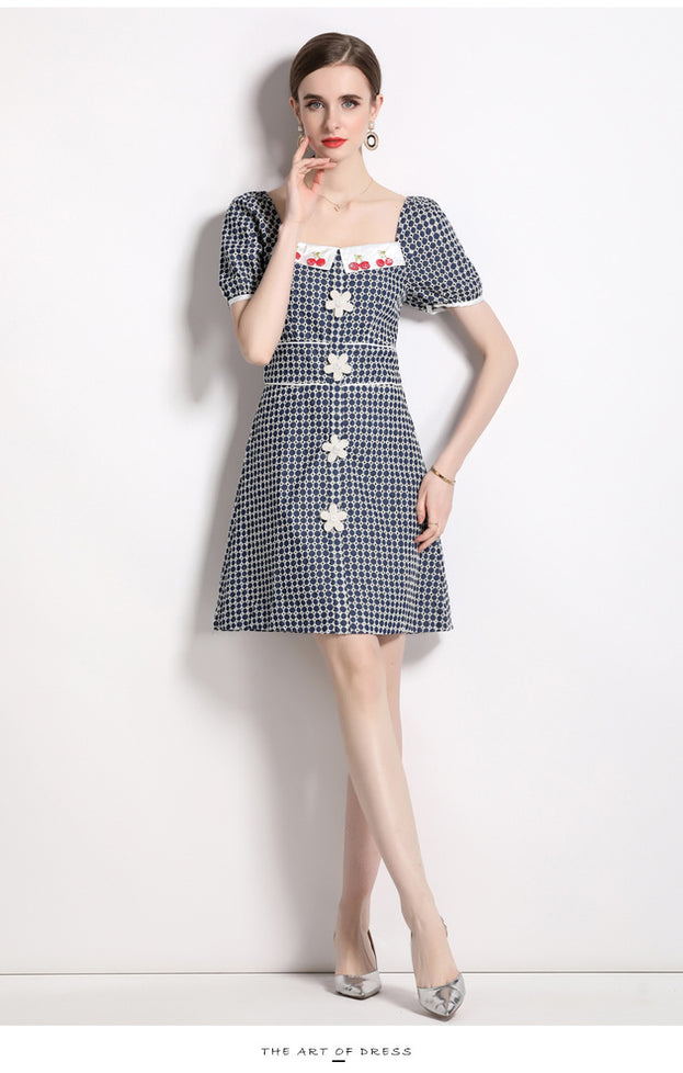 Temperament Fashion Vintage Square Neck Bubble Sleeve Embroidered Denim Skirt Dress