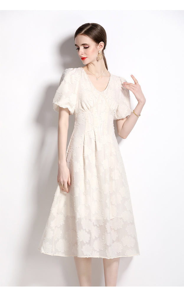 Temperament Jacquard V-Neck Slim Slimming Skirt Dress with Bubble Sleeves