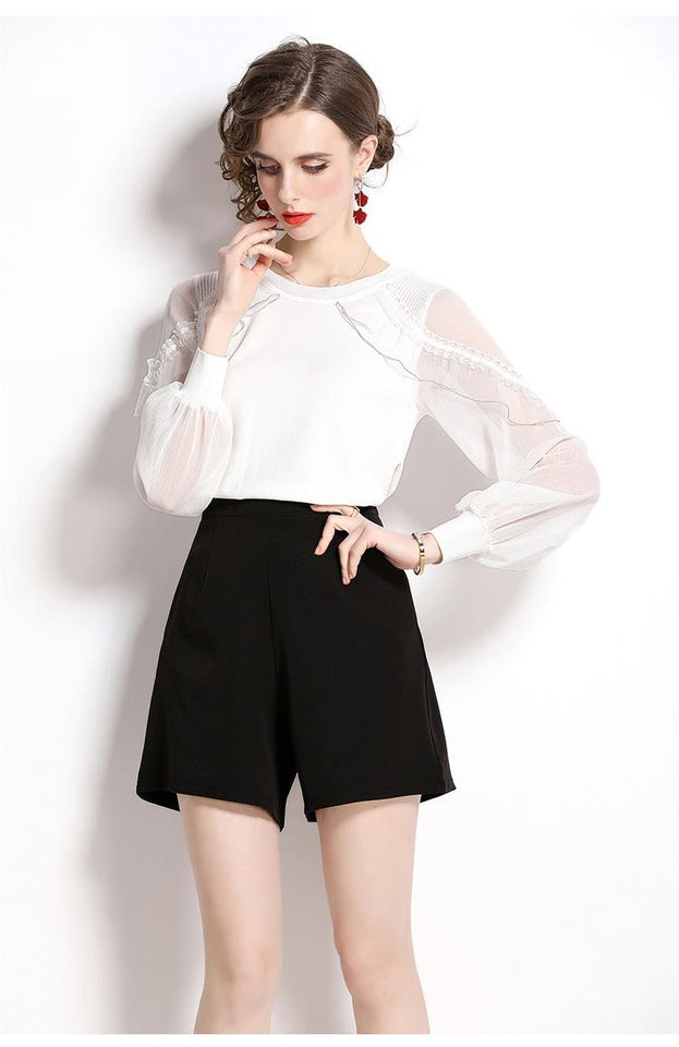 Ruffled Stitching Lantern Sleeves Hollowed Out Crew Neck Knitted to Show Thin Top and Black Shorts