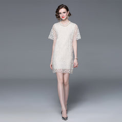 Elegant Lace Studded Beaded Neck Dress