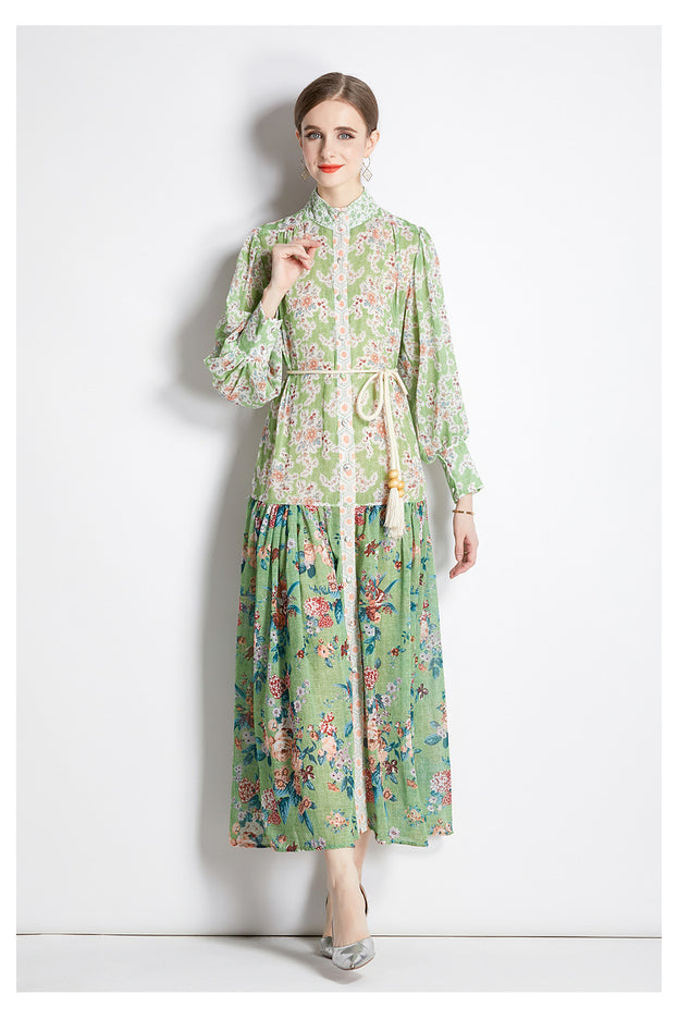 Fashion National Style Retro Stand-up Collar Lantern Sleeve Printed Long Skirt Dress
