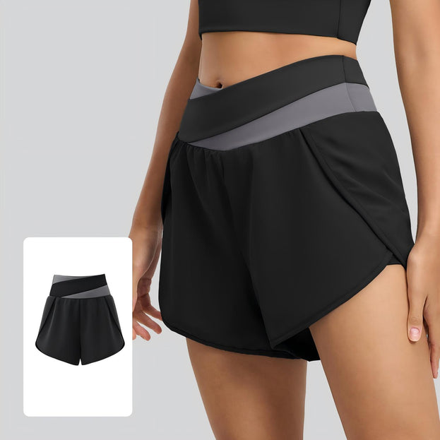 Color-Blocked Faux Two-Piece Anti-Exposure Women's Sports Shorts