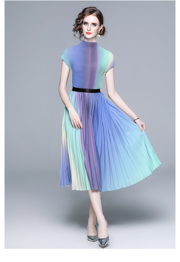 Vintage Print Pleated Short Sleeve Top and Pleated Skirt Fashion Two-Piece Suit