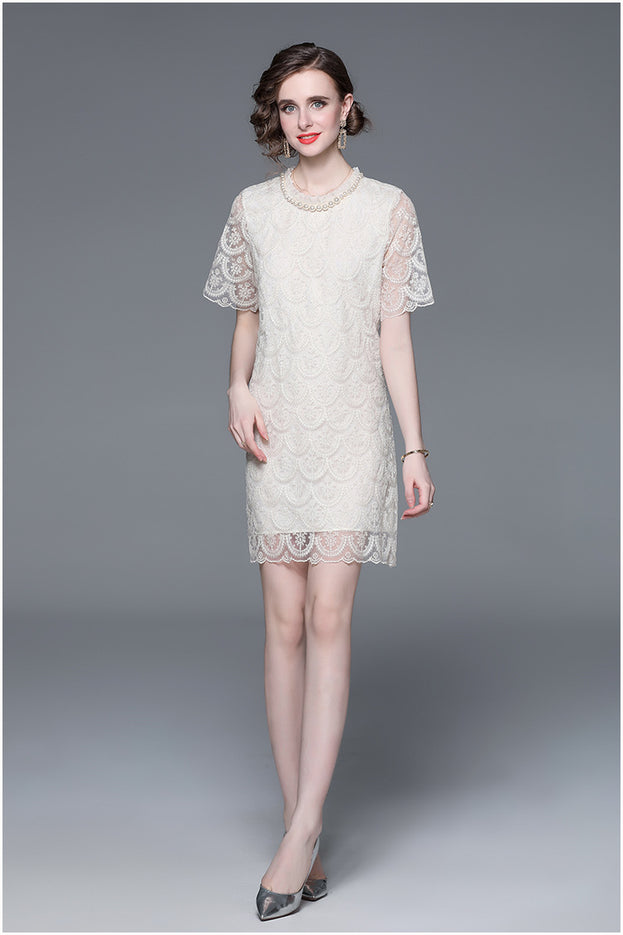 Elegant Lace Studded Beaded Neck Dress