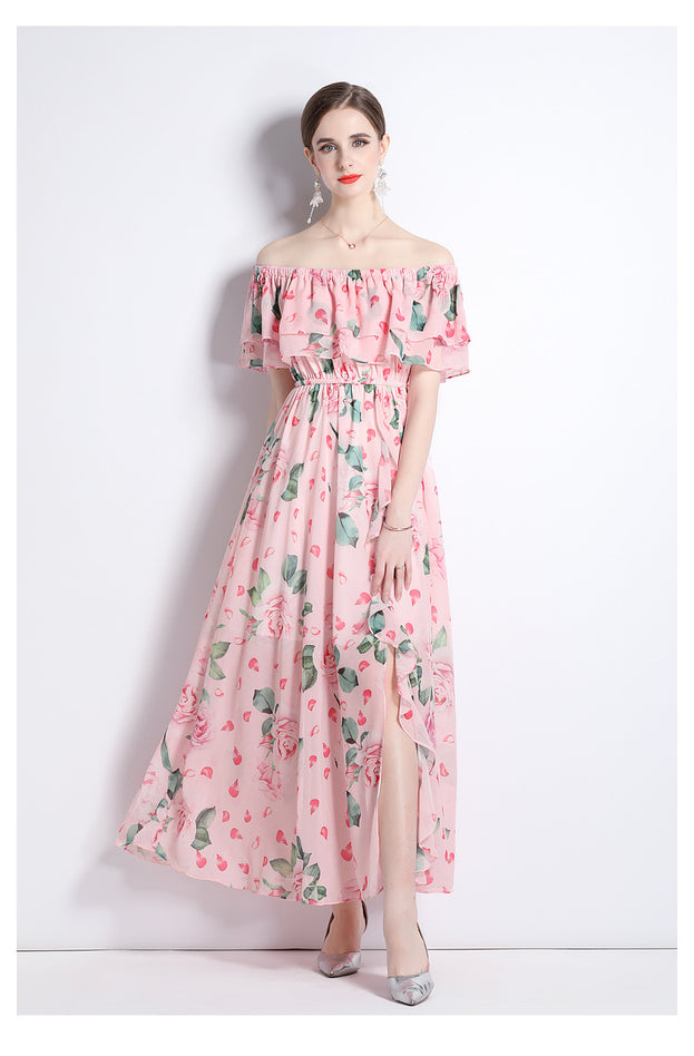 Peplum One-Line Neck Beach Skirt Slit Chiffon Large Hemline Long Skirt Dress