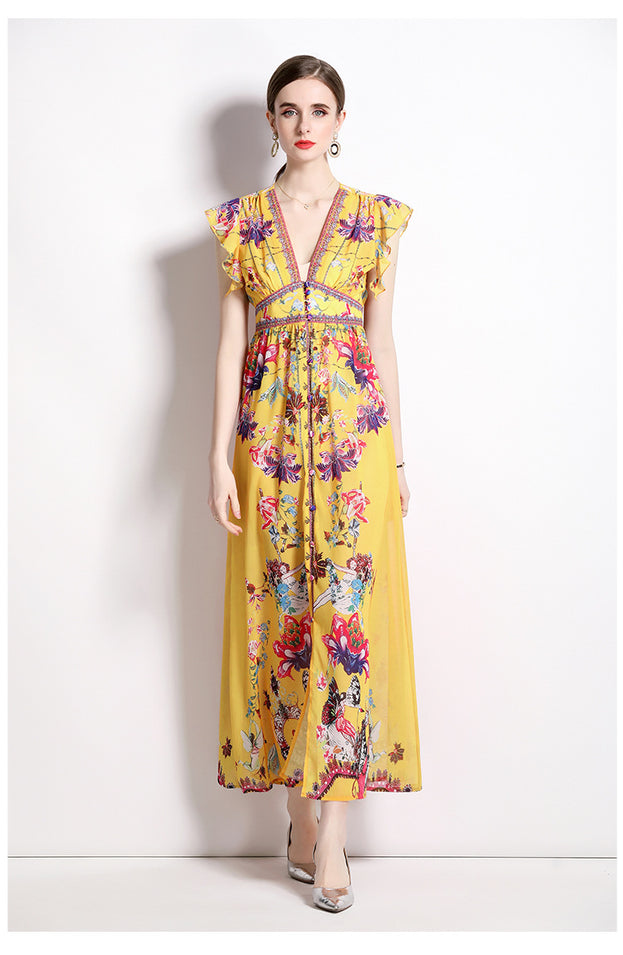 Resort Style Printed Chiffon Small Flying Sleeve V-Neck Dress Slim Long Skirt