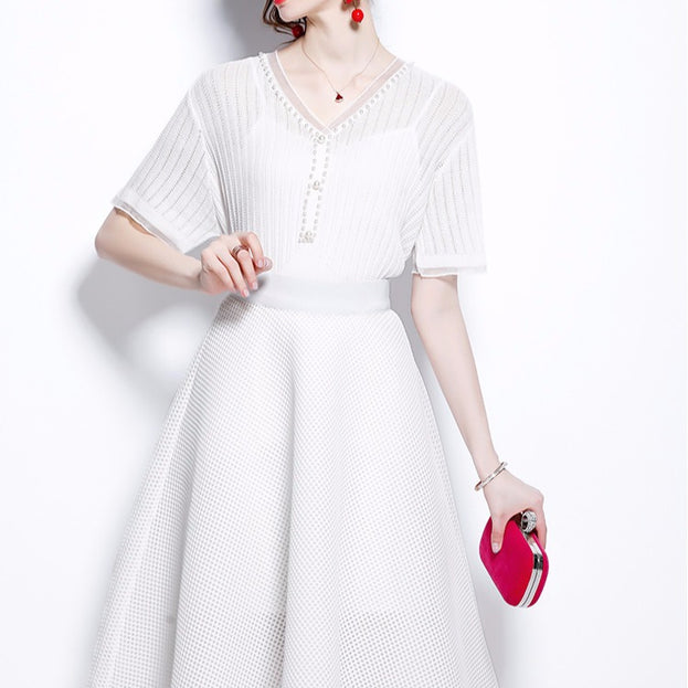 Ice Silk Breathable V-neck Nailed Beaded Knitwear and Hollowed Out Mesh Princess Skirt Two-Piece Set
