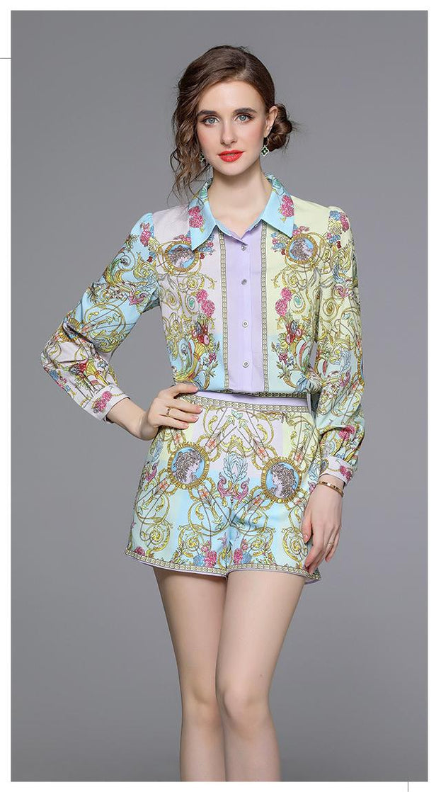 Temperament Palace Vintage Printed Long Sleeve Shirt and High Waist Shorts Suit Sants