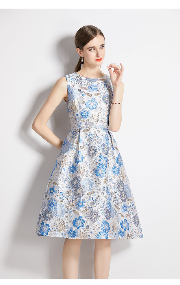 Slim-Fit, Waist-Closed Color Sleeveless Vest Jacquard Dress