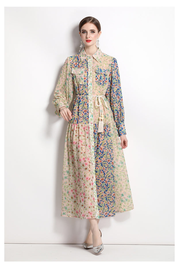 Fashion Resort Style Lapel Lantern Long-Sleeved Collision Color Print Dress