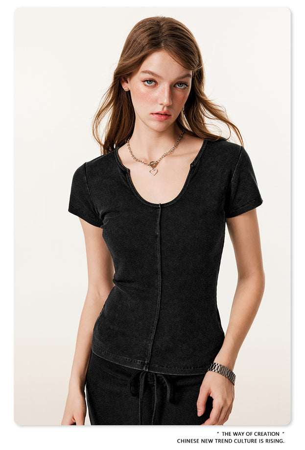 Summer Solid-color Waist-cinched U-neck Skin-friendly Top