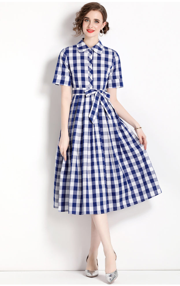 Vintage Lapel Short Sleeve Waist Tucked Long Skirt Plaid Print Dress