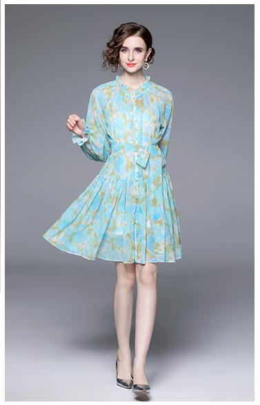 Long-Sleeved Blue Vintage Print Lantern Sleeve Two-Piece Dress with Wooden Ear Trim