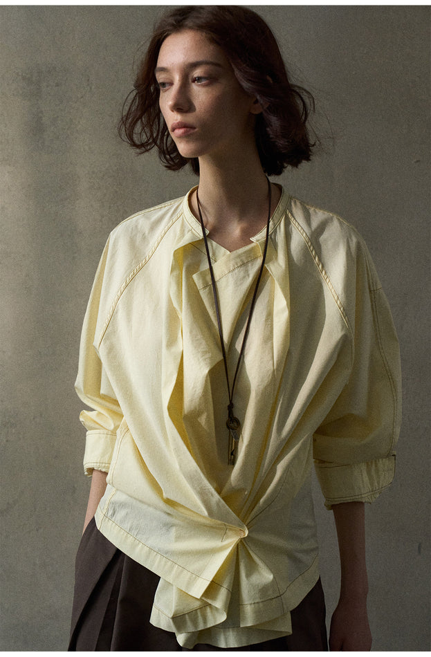 Fashionable and slimming  flat collar and solid color pleats  Women Blouse