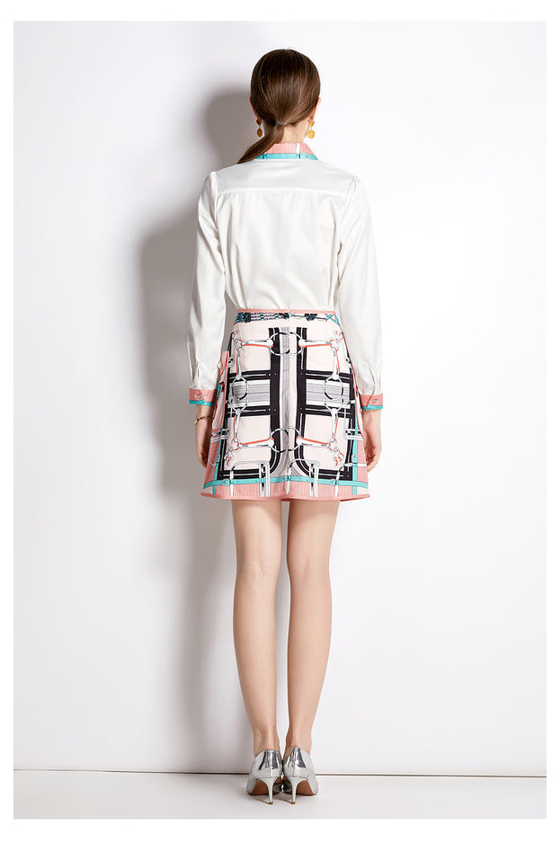 Long-Sleeved Shirt Two-Piece  Vintage Printed Fashion Temperament Skirt Suit