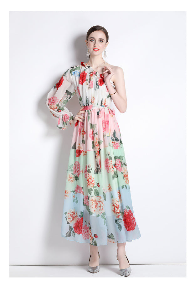 Printed Dress Chiffon Diagonal Shoulder Beach Skirt Seaside Holiday Maxi Skirt