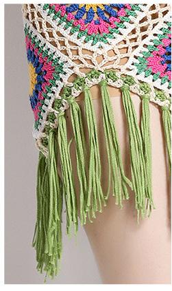 Hollowed Out Colorful Tassel Top and Skirt Two-Piece Set