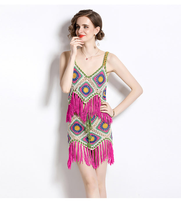 Hollowed Out Colorful Tassel Top and Skirt Two-Piece Set