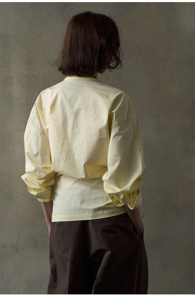 Fashionable and slimming  flat collar and solid color pleats  Women Blouse