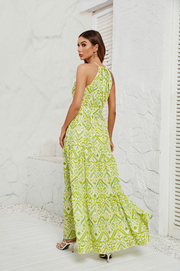 Summer Printed Fresh and Light Style Waist-Tie Halter-Neck Drawstring Dress for Women