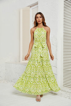 Summer Printed Fresh and Light Style Waist-Tie Halter-Neck Drawstring Dress for Women