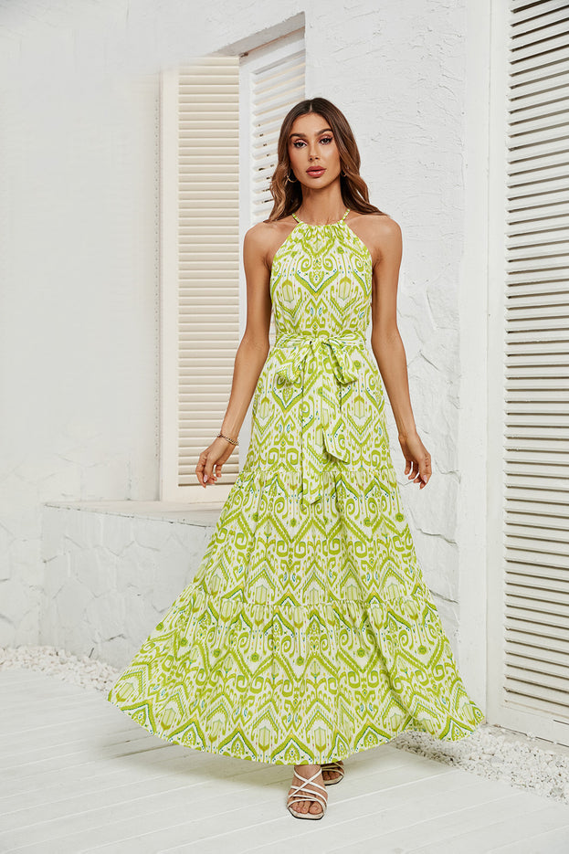Summer Printed Fresh and Light Style Waist-Tie Halter-Neck Drawstring Dress for Women