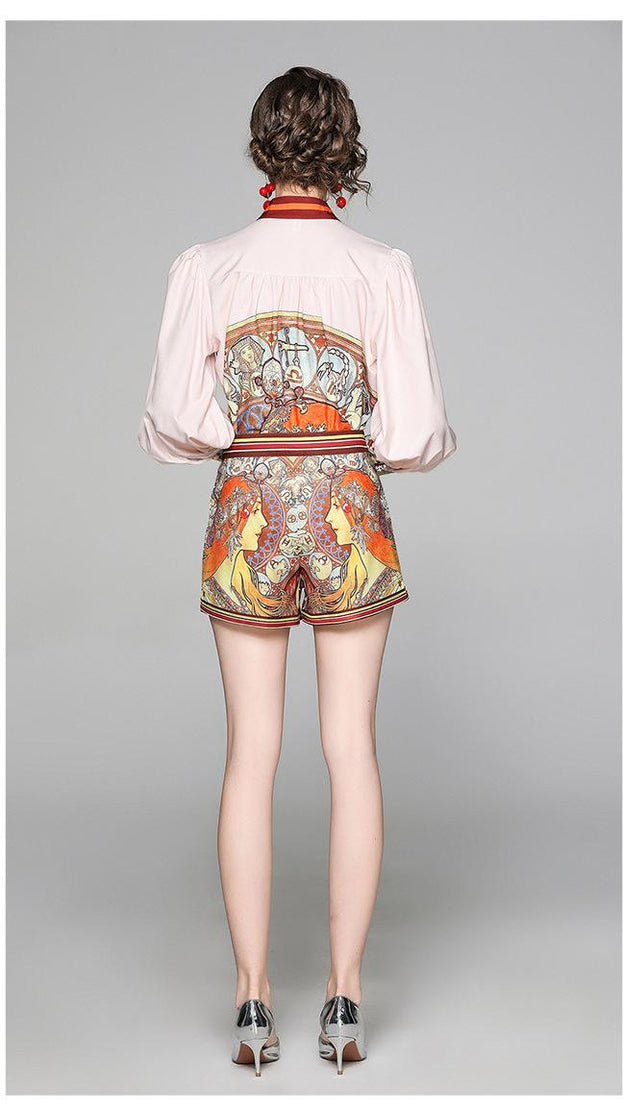 Women's Temperament Suit Lantern Sleeve Shirt and Closed Waist Shorts Printed Two-Piece Suit