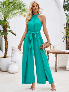Summer Casual Silt with Waist-Tie Sleeveless Long Jumpsuit for Women