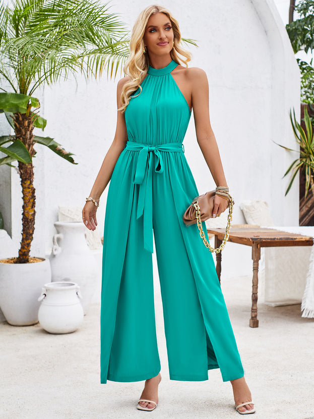 Summer Casual Silt with Waist-Tie Sleeveless Long Jumpsuit for Women