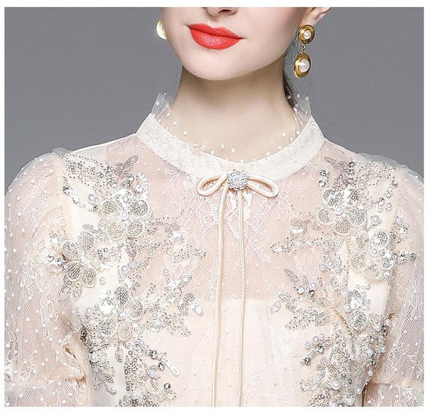 Beaded Stitching Lace High Waist Slim Temperament Slim Short Skirt Dress