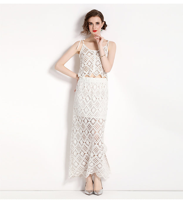 Hook Floral Embroidery Lace Hollowed Out Short Style Suspender and Bag Hip Split Half Dkirt Two-Piece Set