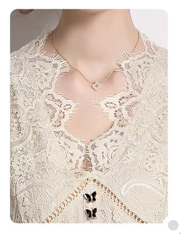 Solid Color Lace V-Neck Short Sleeve Bow Button Long Skirt Dress