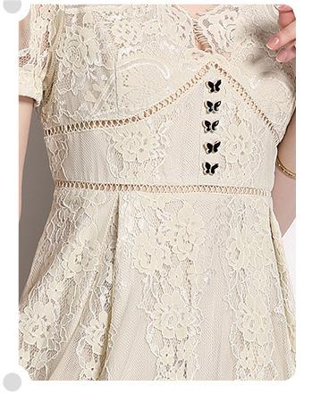 Solid Color Lace V-Neck Short Sleeve Bow Button Long Skirt Dress