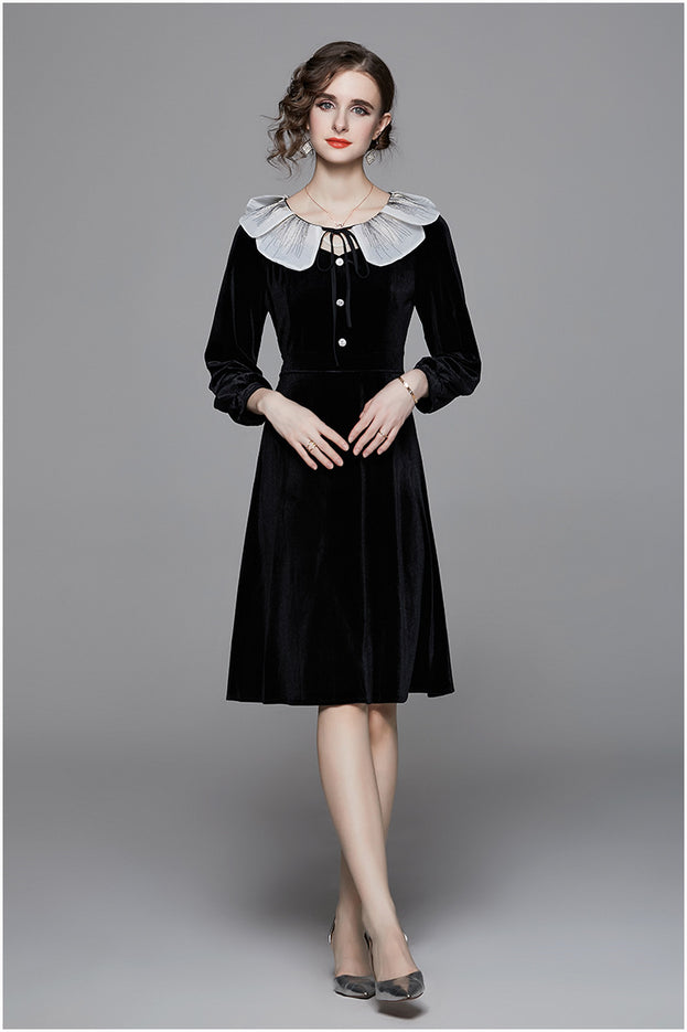 Temperament Lotus Leaf Collar Dress Long Sleeve High Waist Slim Mid-Length A-Line Skirt