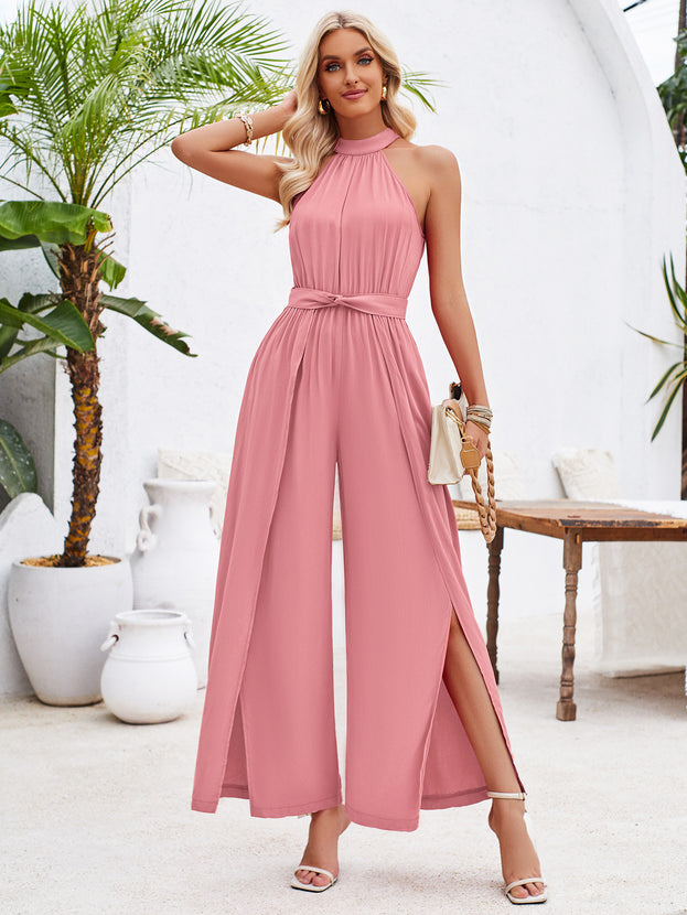Summer Casual Silt with Waist-Tie Sleeveless Long Jumpsuit for Women