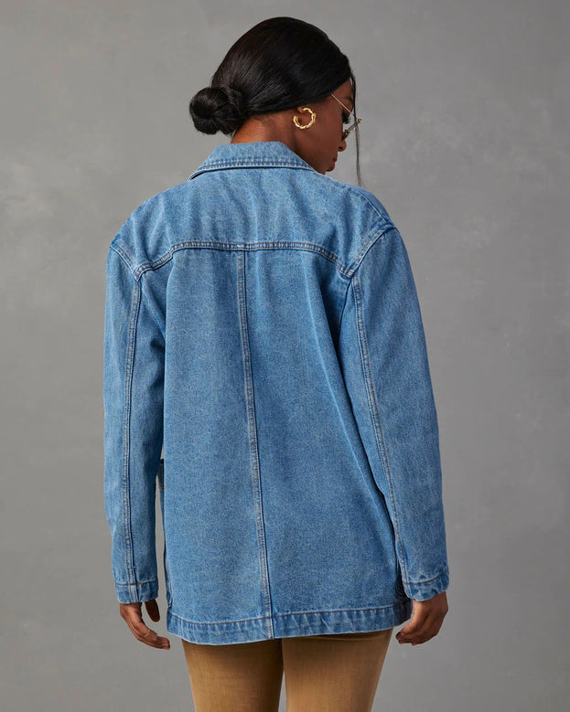Fashionable and Casual Long-Sleeved Washed Blue Denim Blazer with Pockets for Women