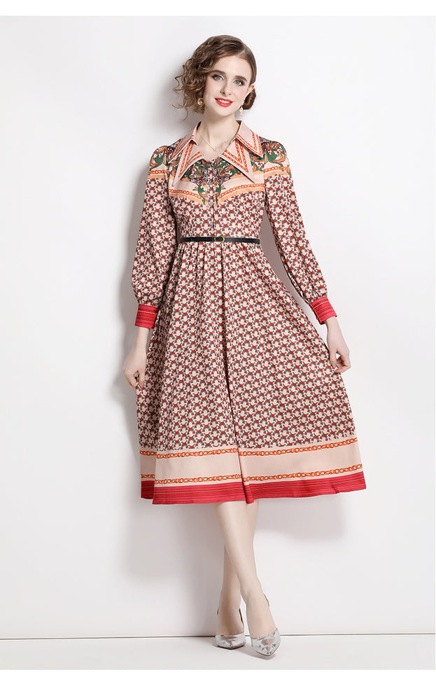 Fashion Vintage Print Dress Lapel Long-Sleeved Temperament Slim MIDI