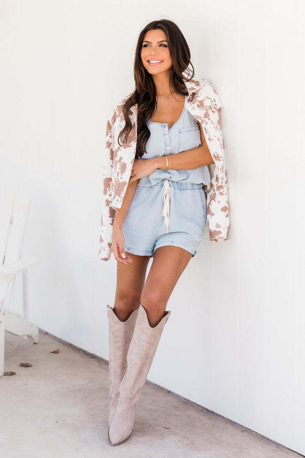 Summer Fashion Waisted U-Neck with Pockets Short Slip Jumpsuit for Women