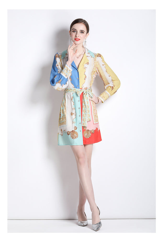 Temperament Skirt Stitching Clashing Color Print Long-Sleeved Slimming Retro Dress