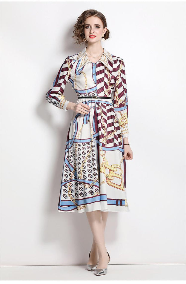 Fashion Vintage Print Dress Lapel Long-Sleeved Temperament Slim MIDI