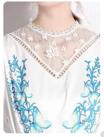 Vintage Lace Patchwork Print Fashion Temperament Long-Sleeved Skirt Dress