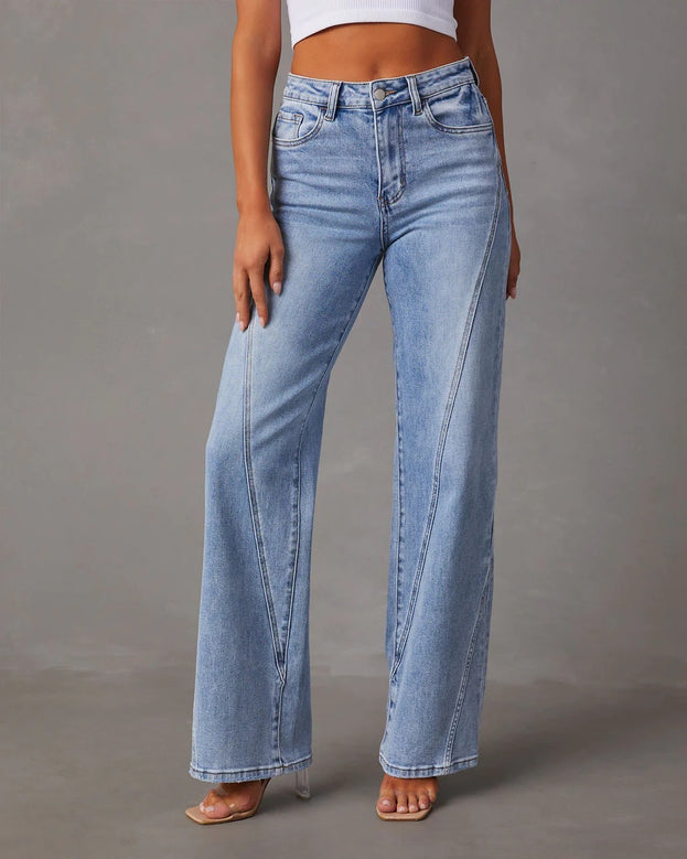 Summer Fashion Casual Low-Waist Patched Wide-Leg Long Denim Pant for Women