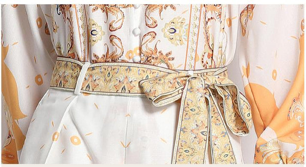 Women's Loose Long Sleeve Printed Shirt and Shorts Two Piece Suit