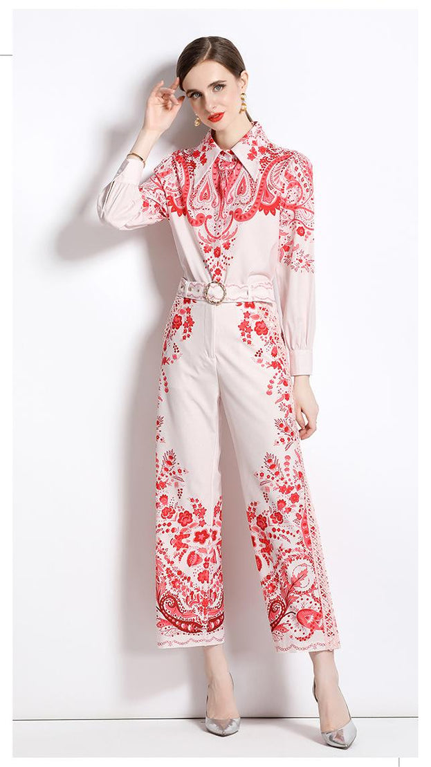 Women's Printed Temperament Two-Piece Suit Long-Sleeved Shirt and High-Waisted Flared Trousers